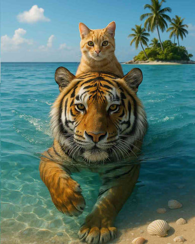 Diamond Painting - Katze schwimmt auf Tiger durchs Meer