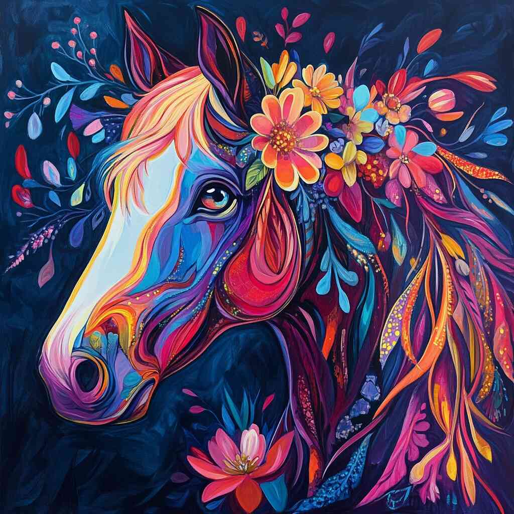 Diamond Painting - Farben des Wilden Herzens, Pferd mit Blumen