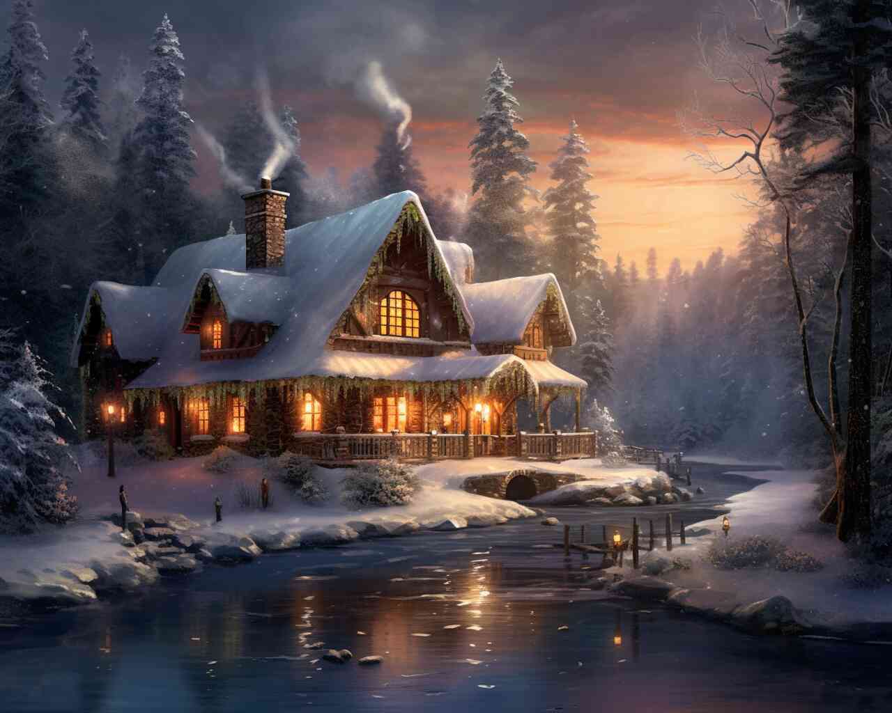 Diamond Painting - Abenddämmerung im Winterzauber am gefrorenen Fluss