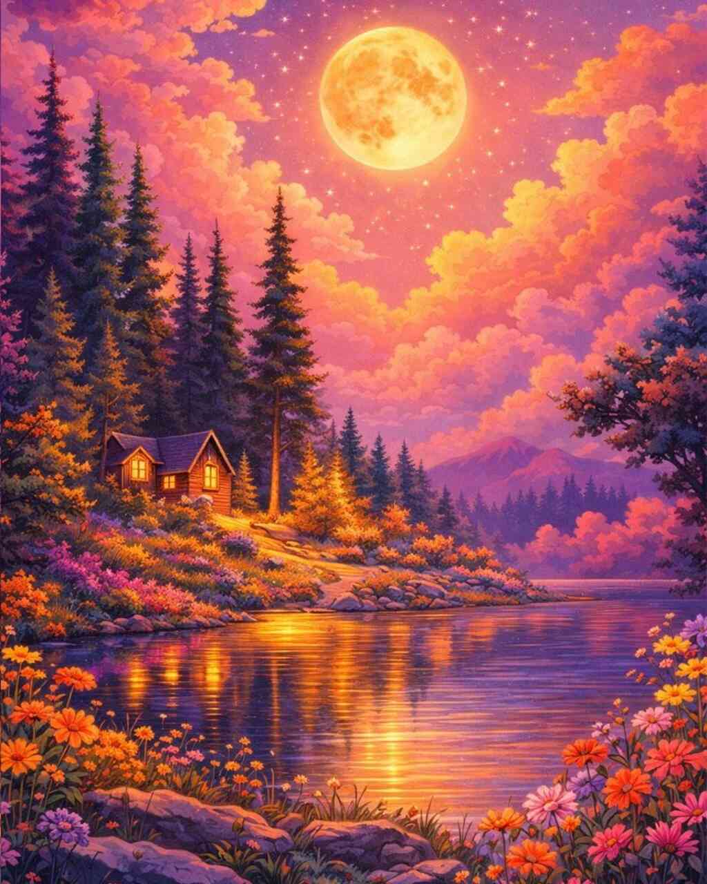 Diamond Painting - Magische Mondnacht am See