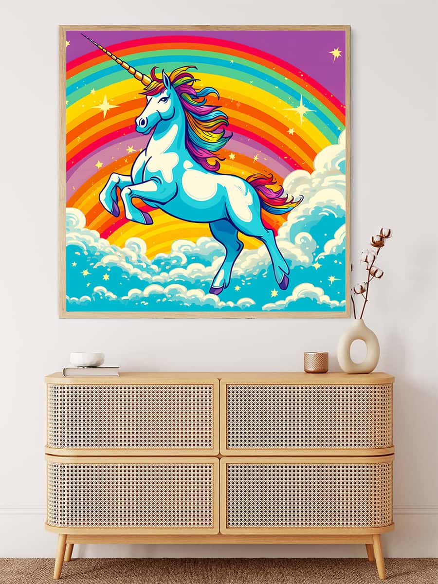Malen nach Zahlen - Einhorn farbenfroh bunt - hochwertige Leinwand - 170523, Einhorn, Fantasy, Neu eingetroffen, Quadratisch