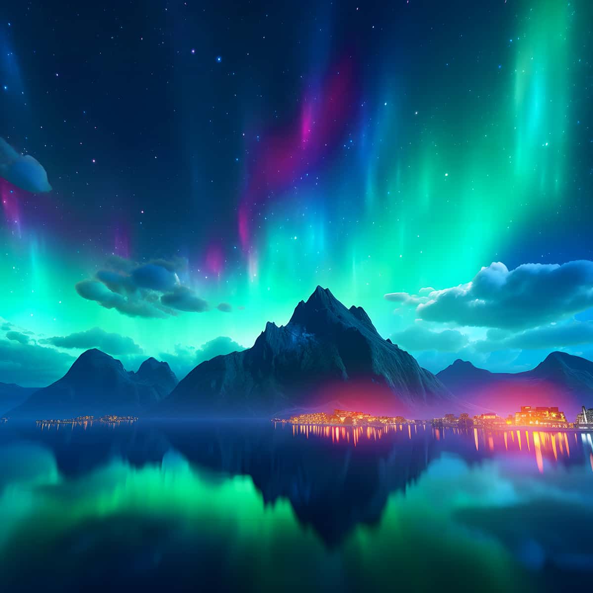 AB Diamond Painting - Polarlichter mit leuchtender Stadt - gedruckt in Ultra-HD - AB Diamond, Aurora Borialis, Neu eingetroffen, Polarlichter, Quadratisch