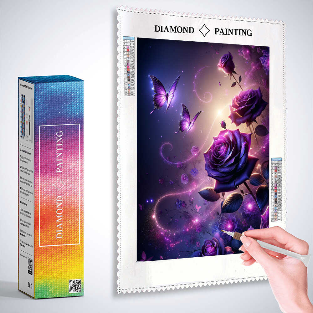Diamond Painting - Lila Rosen und Schmetterlinge