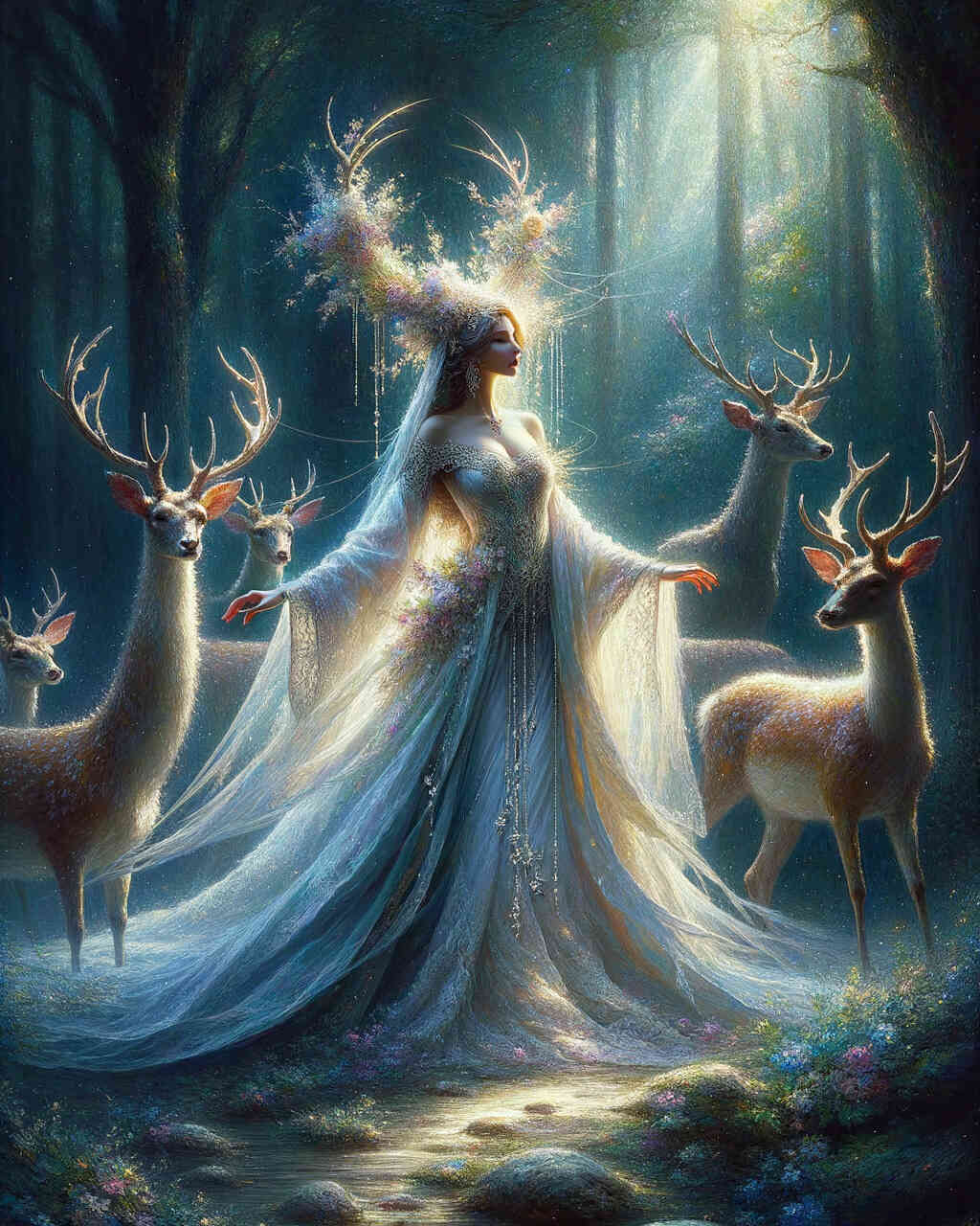 Diamond Painting - Frau mit Geweih und Hirschen