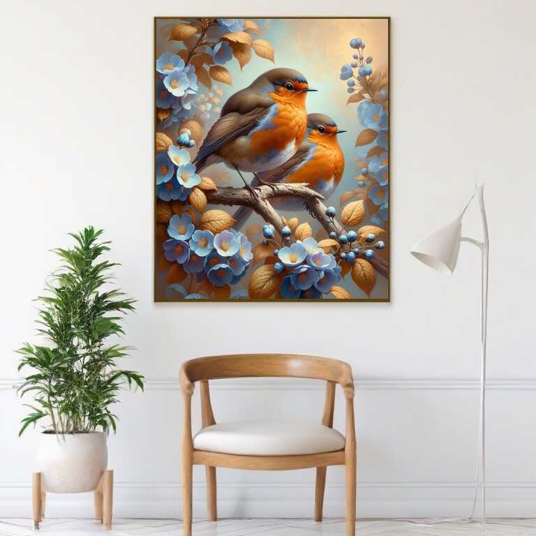 Diamond Painting - Rotkehlchen, blaue Blumen