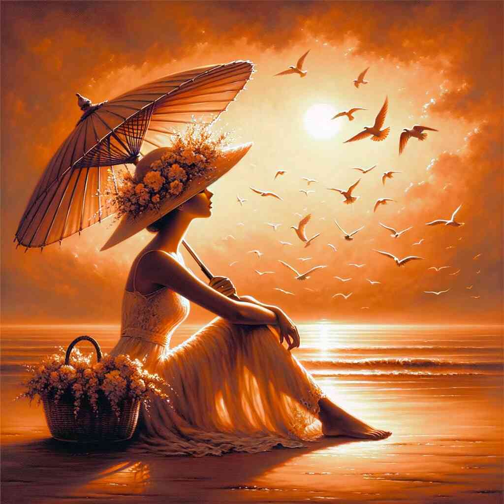 Diamond Painting - Frau am Strand mit Sonnenschirm und Hut