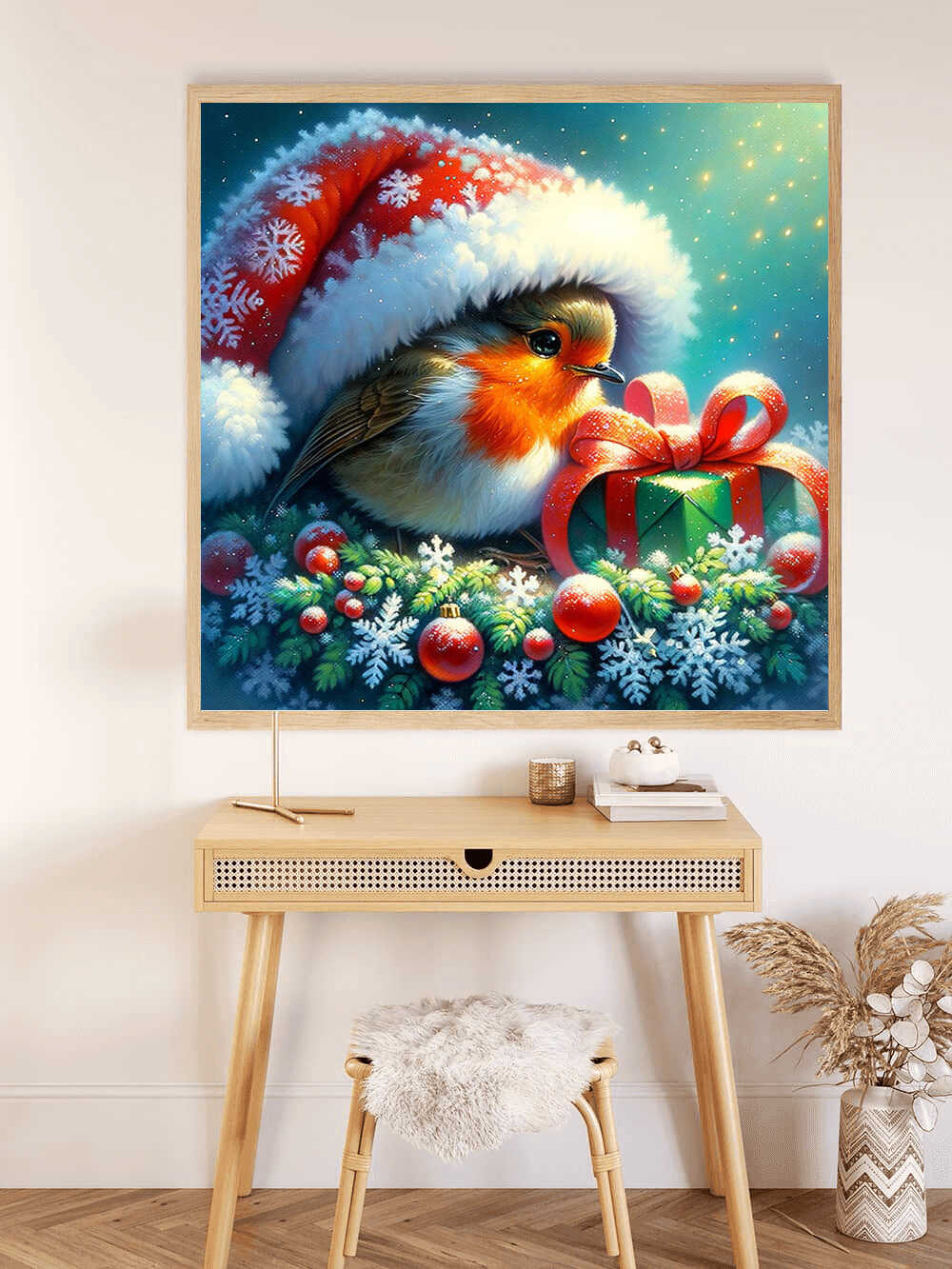 Diamond Painting - Rotkehlchen mit Weihnachtsmütze