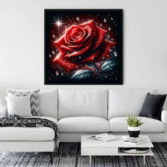 Diamond Painting - Rote Rose mit Wassertropfen