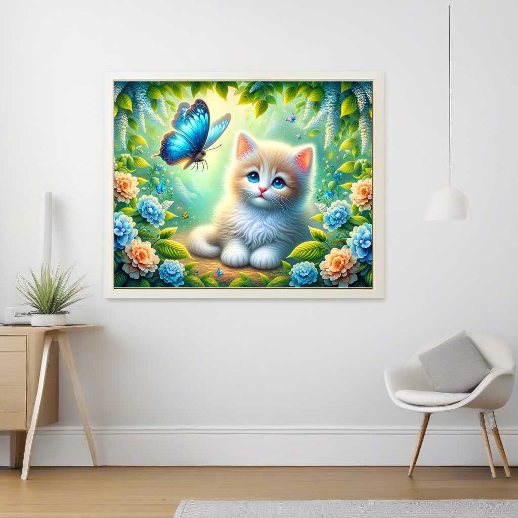 Diamond Painting - Kätzchen, blauer Schmetterling