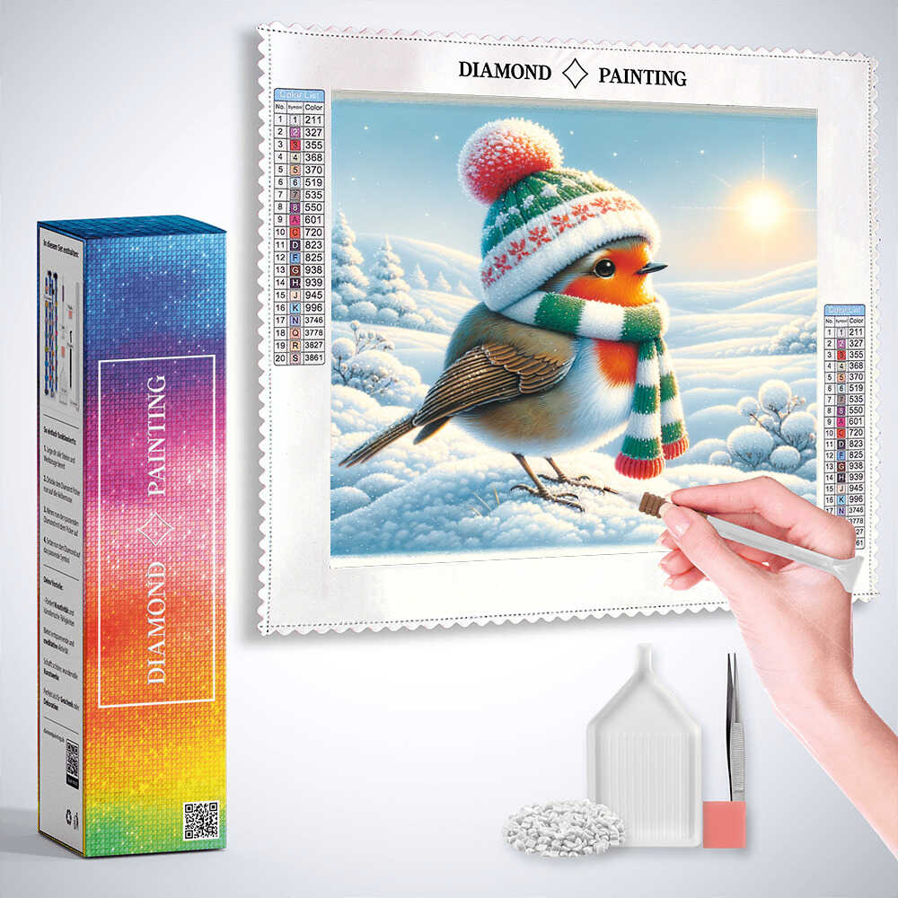 Diamond Painting - Rotkehlchen mit Schal und Mütze