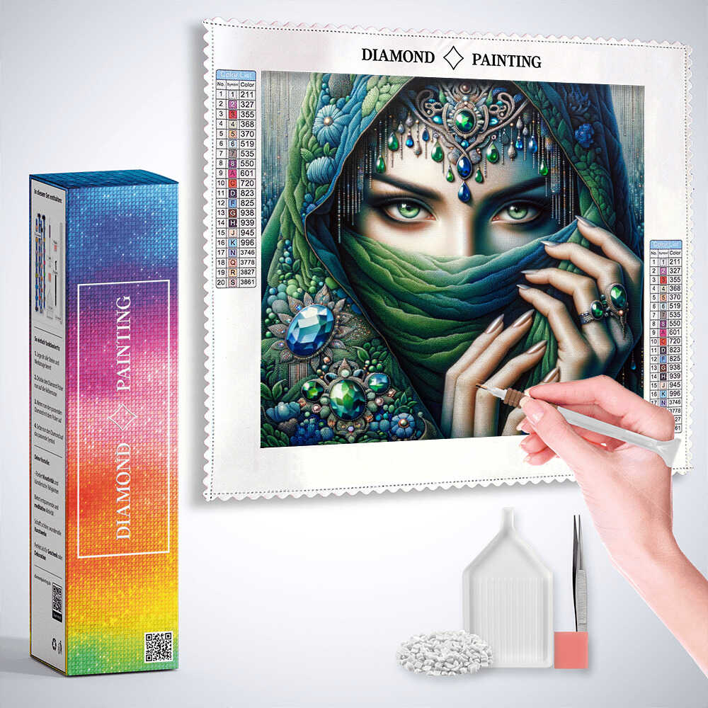 Diamond Painting - Frau mit Tuch, grün und blau