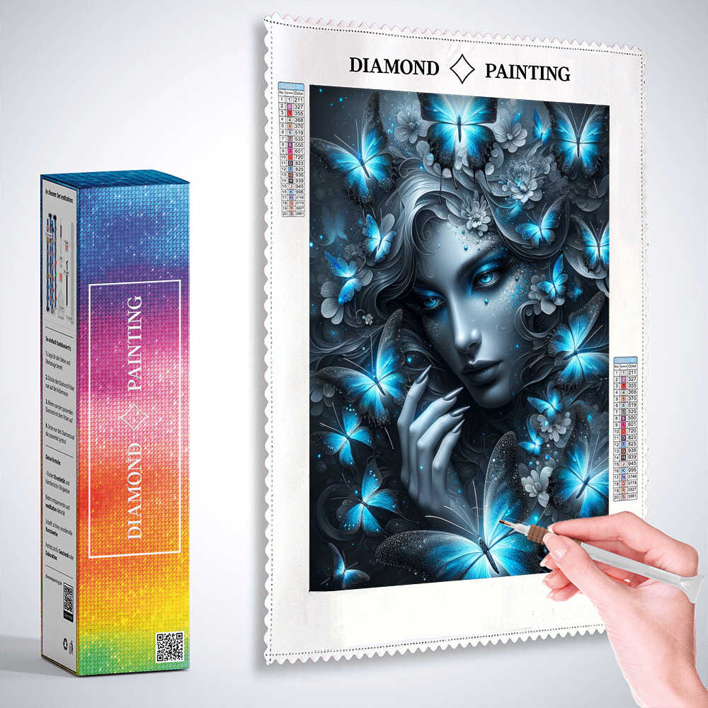 Diamond Painting - Frau, blaue Schmetterlinge