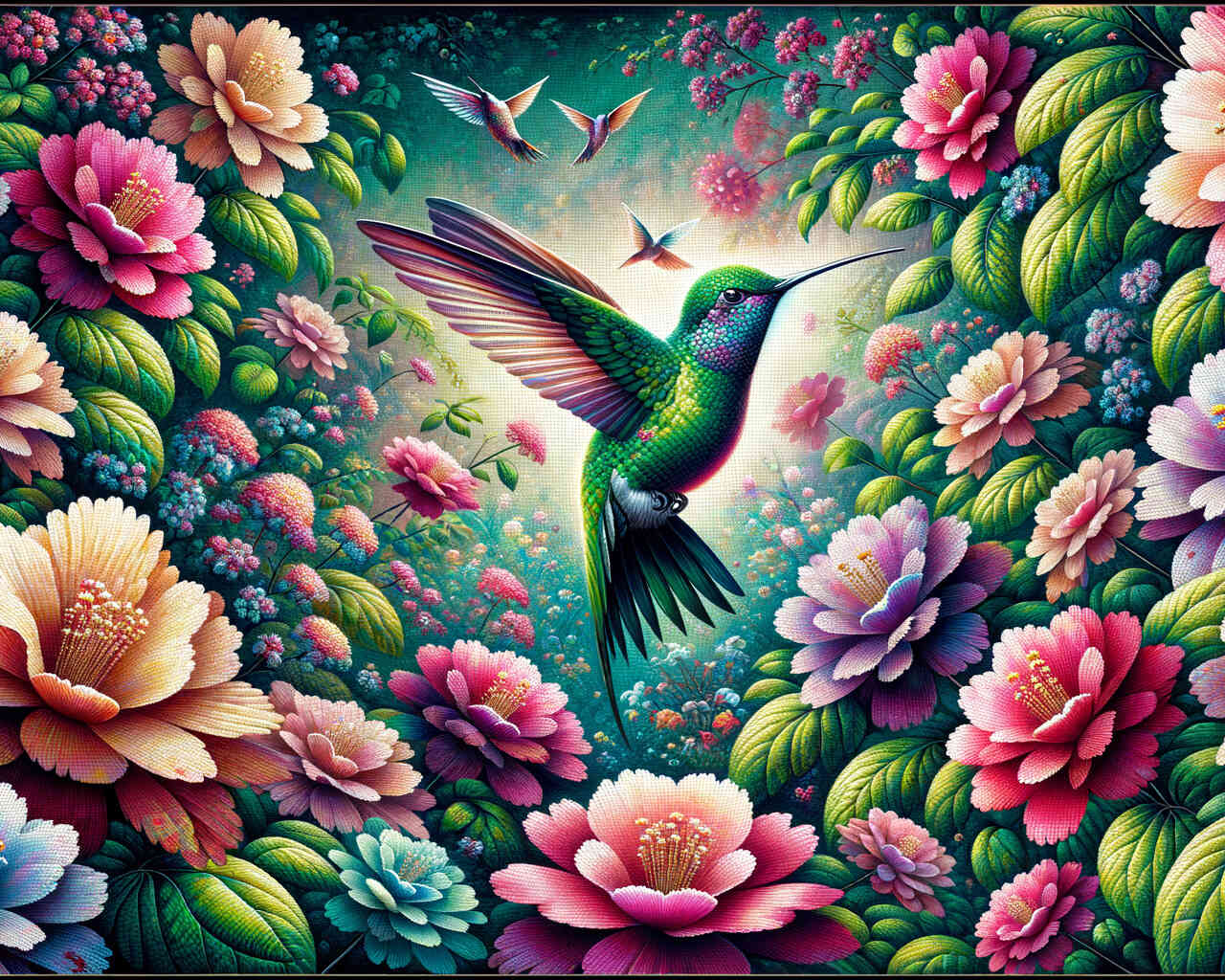 Diamond Painting - Blumen mit Kolibri