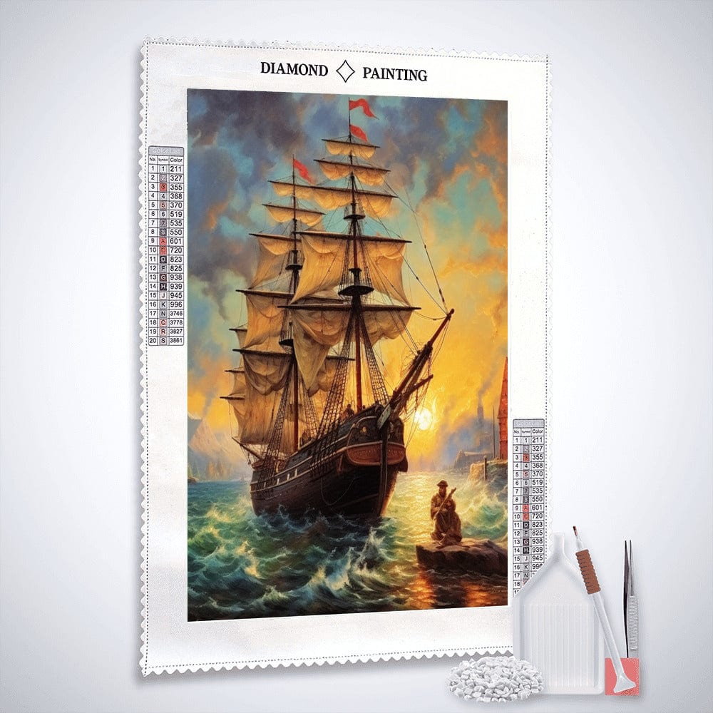 Diamond Painting -  Schiff im Sonnenaufgang, raue See