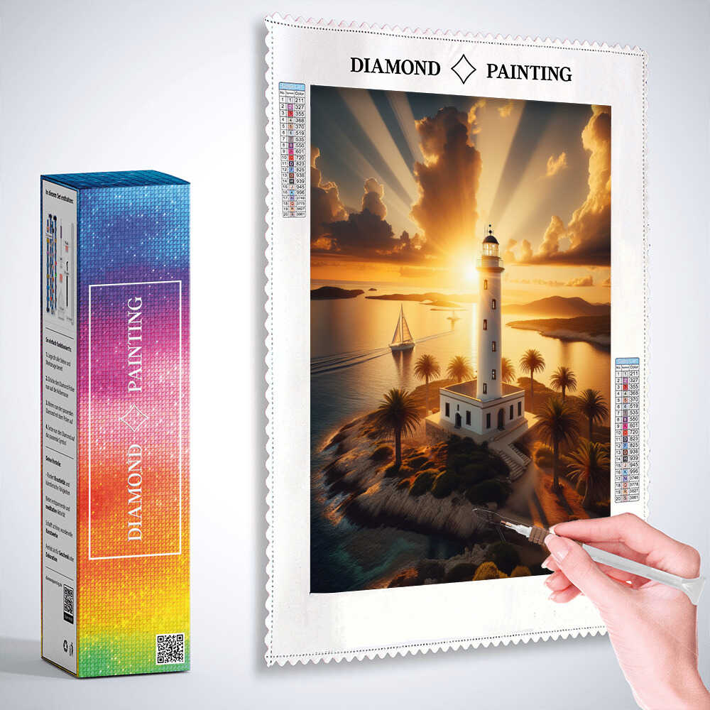 Diamond Painting - Weißer Leuchtturm, Sonnenuntergang