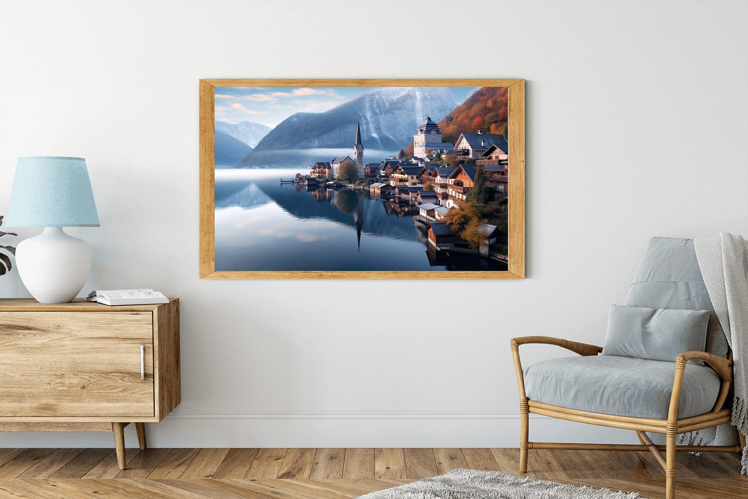 Diamond Painting - Dorf am Bergsee mit Wasserspiegelung