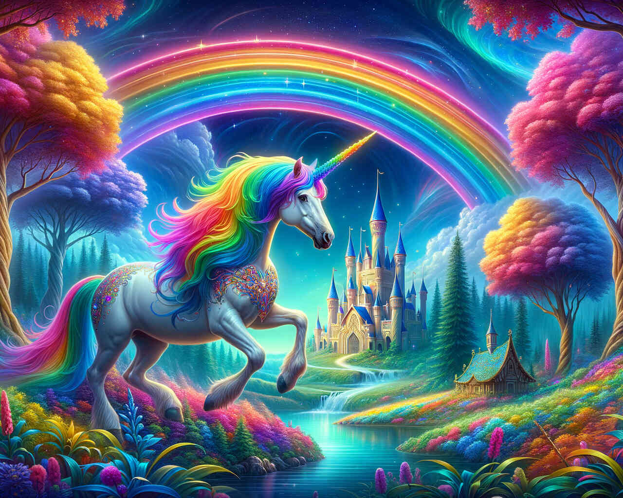 Diamond Painting - Regenbogeneinhorn im Zauberwald