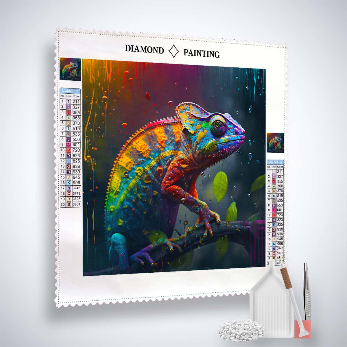 AB Diamond Painting - Chamäleon im Regen farbenfroh - gedruckt in Ultra-HD - AB Diamond, Chamäleon, Neu eingetroffen, Quadratisch, Tiere