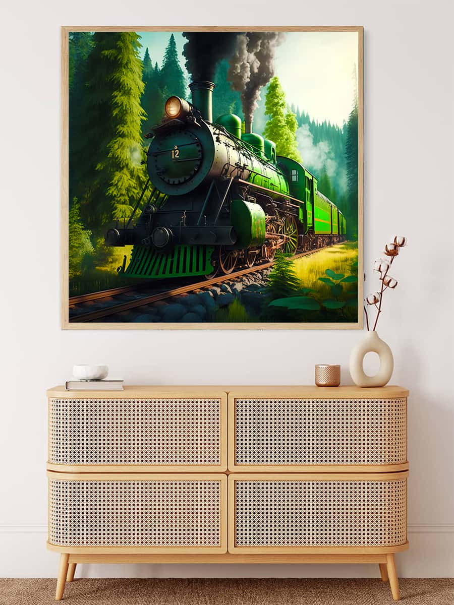 Diamond Painting - Grüner Zug im Wald - gedruckt in Ultra-HD - Neu eingetroffen, Quadratisch, Wald, Zug