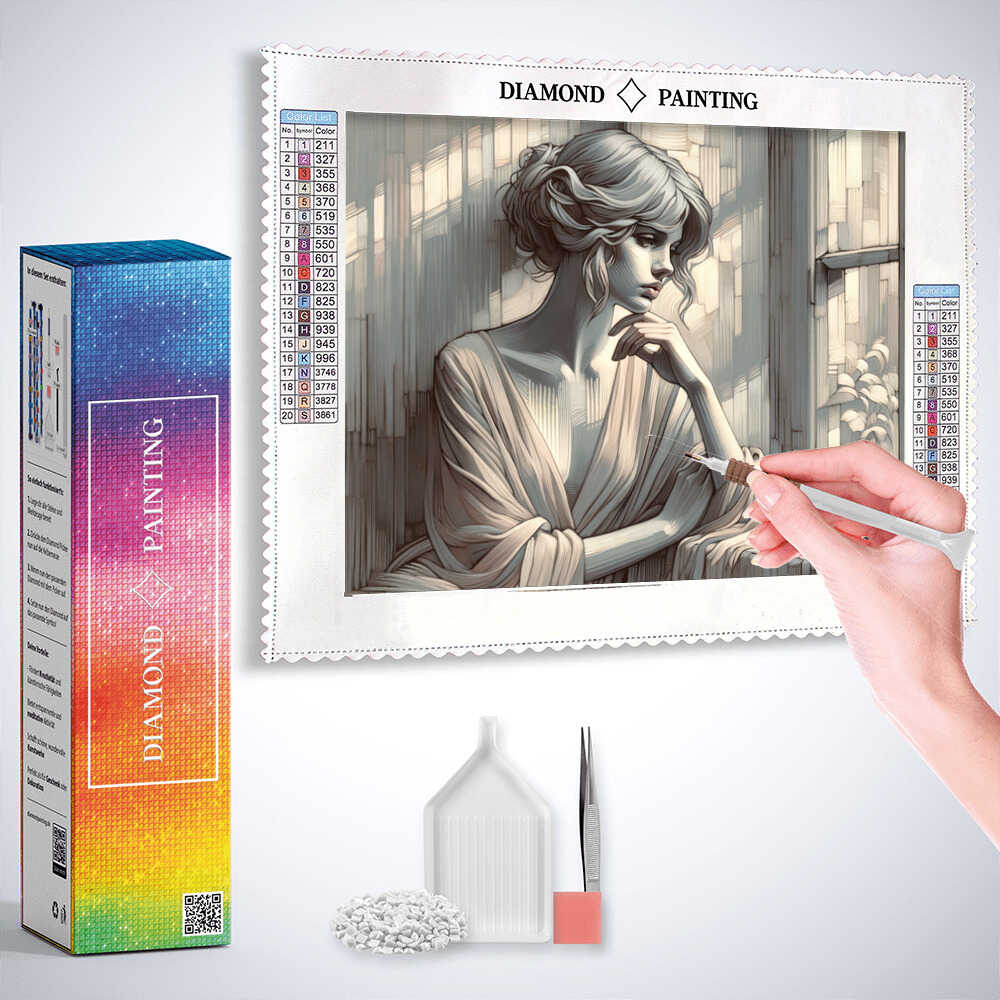 Thinking of you: Frau blickt aus Fenster