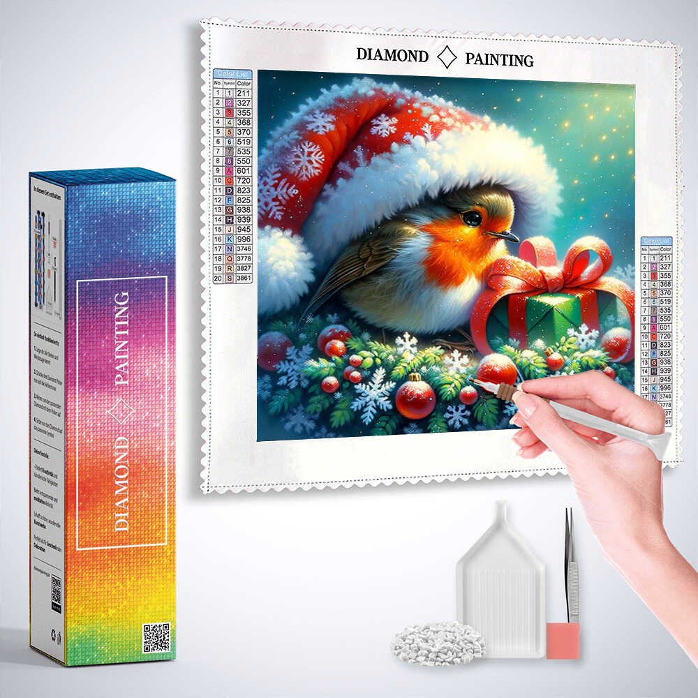 Diamond Painting - Rotkehlchen mit Weihnachtsmütze
