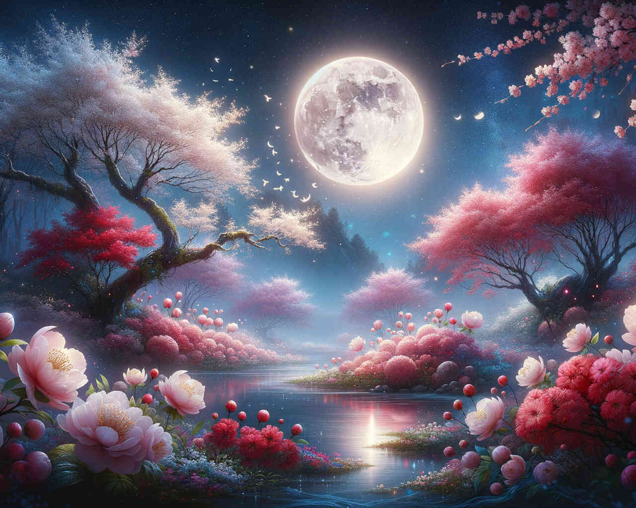 Diamond Painting - Vollmond und Blumen