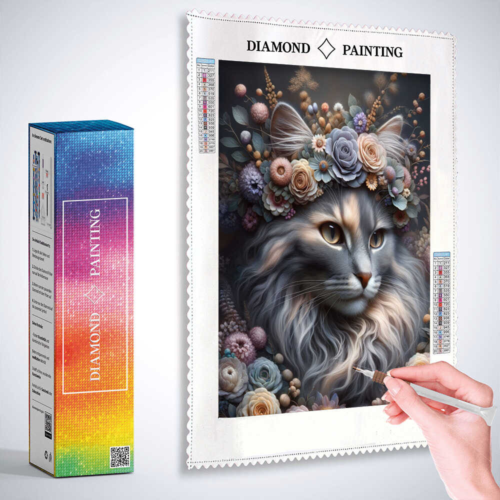 Diamond Painting - Katze mit Blumenkranz