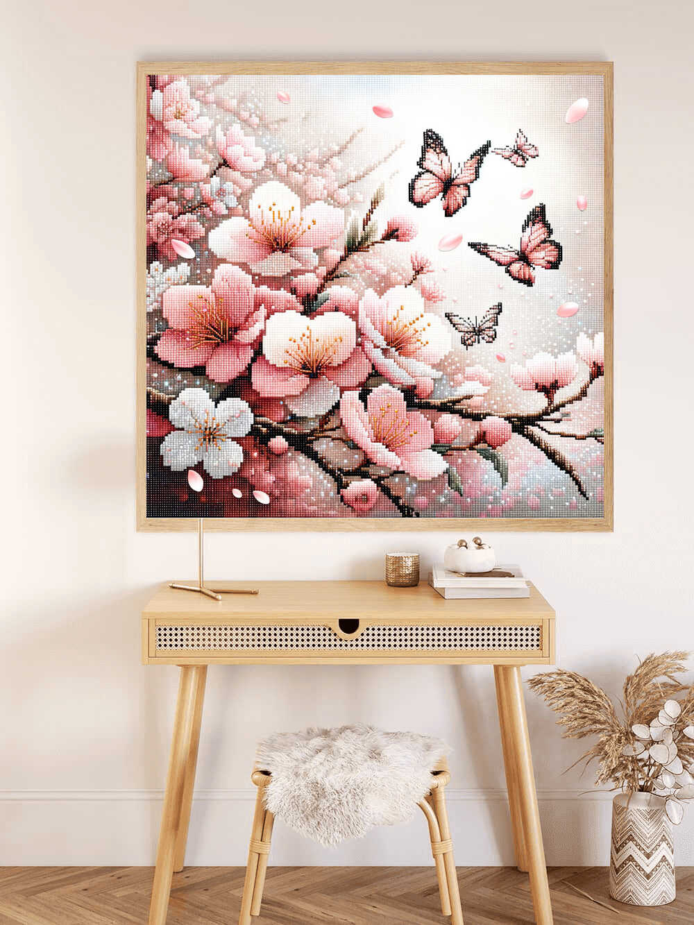 Diamond Painting - Schmetterling und Blumen in rosa