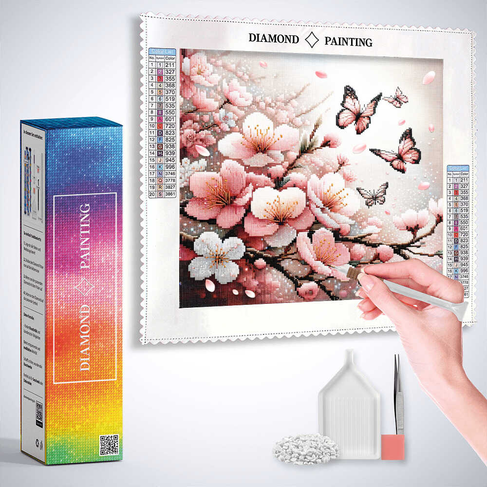 Diamond Painting - Schmetterling und Blumen in rosa