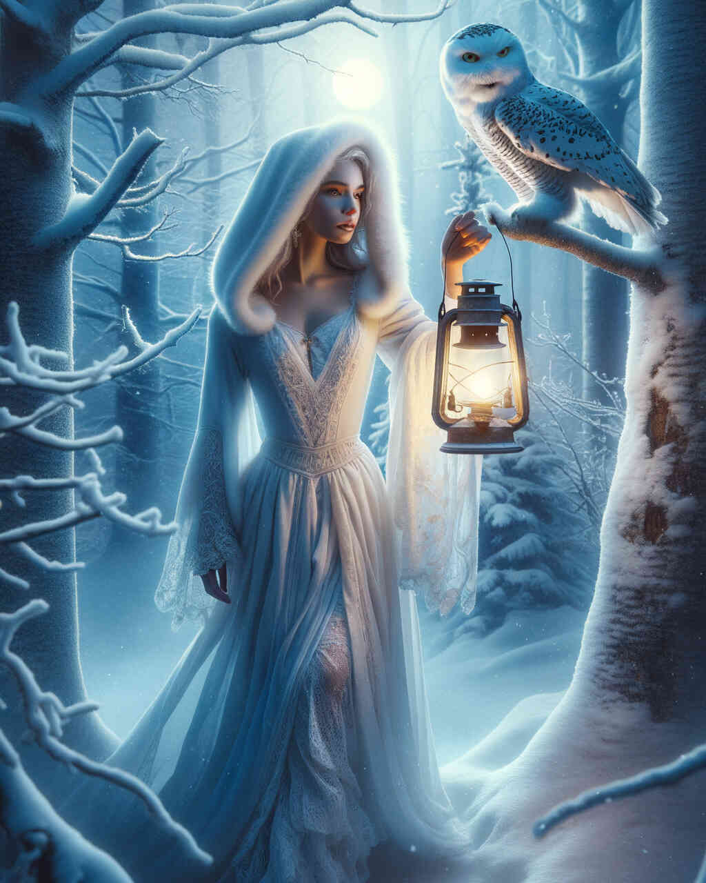 Diamond Painting - Frau mit Laterne Schneeeule