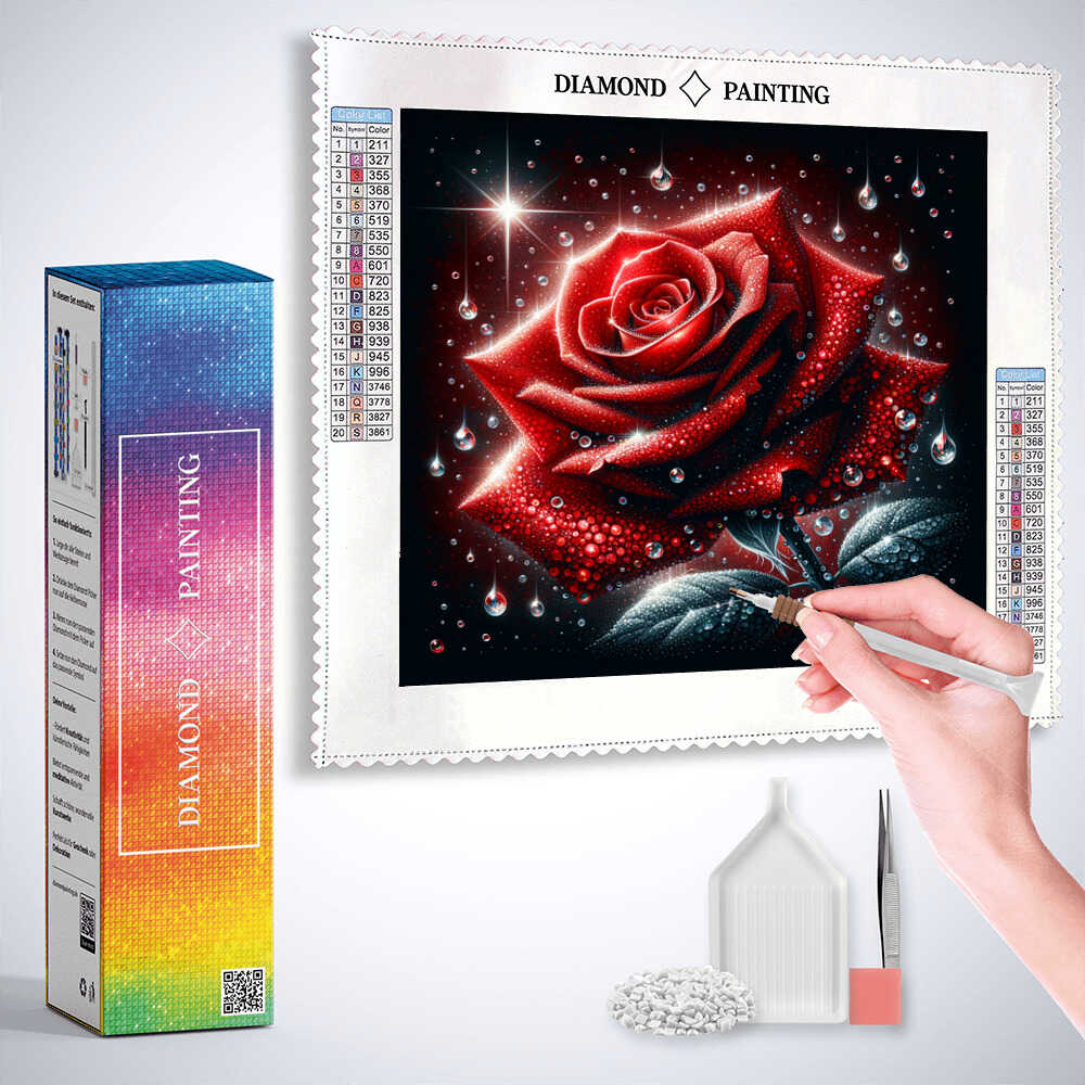 Diamond Painting - Rote Rose mit Wassertropfen