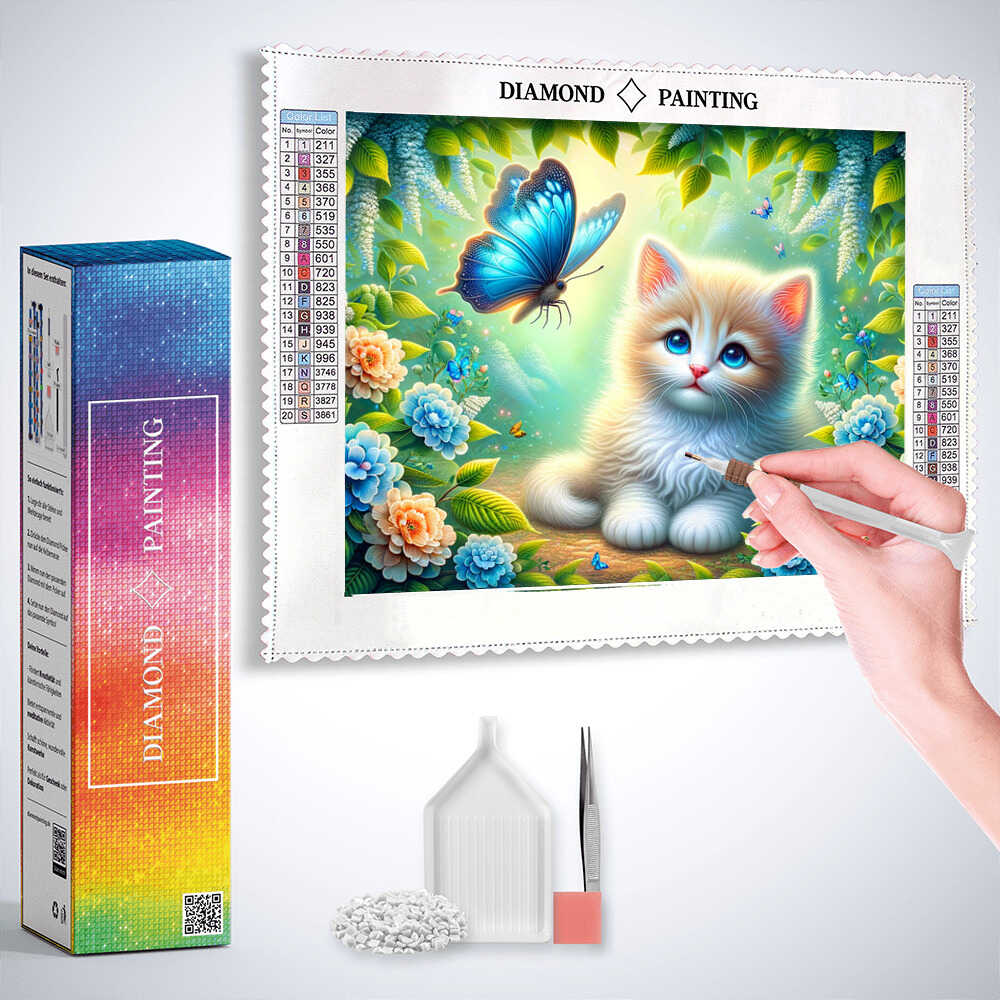 Diamond Painting - Kätzchen, blauer Schmetterling