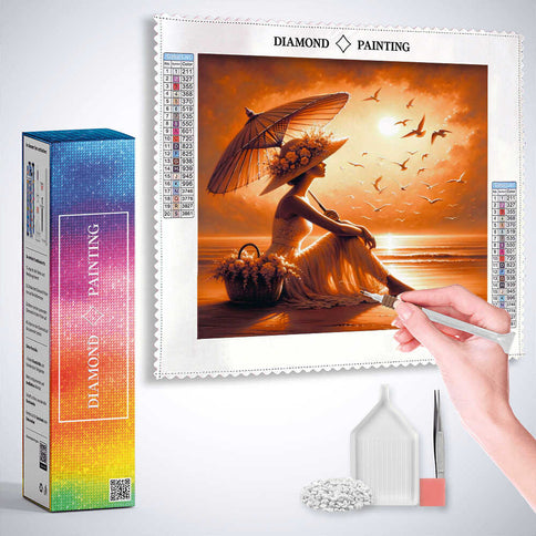 Diamond Painting - Frau am Strand mit Sonnenschirm und Hut