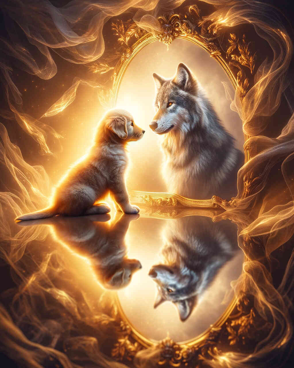 Diamond Painting - Goldenretriver, Wolf, Spiegelbild