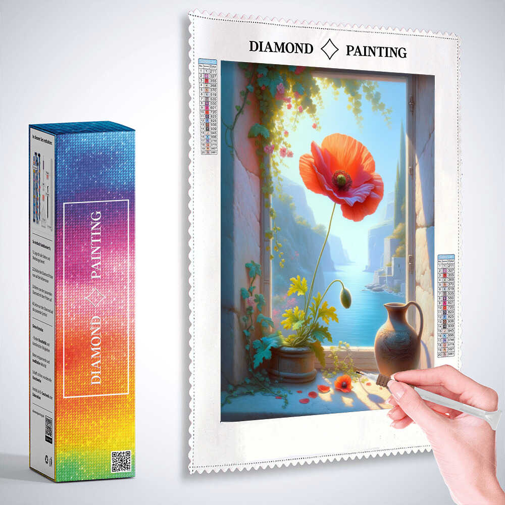 Diamond Painting - Mohnblume auf Fensterbank