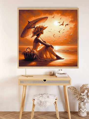 Diamond Painting - Frau am Strand mit Sonnenschirm und Hut