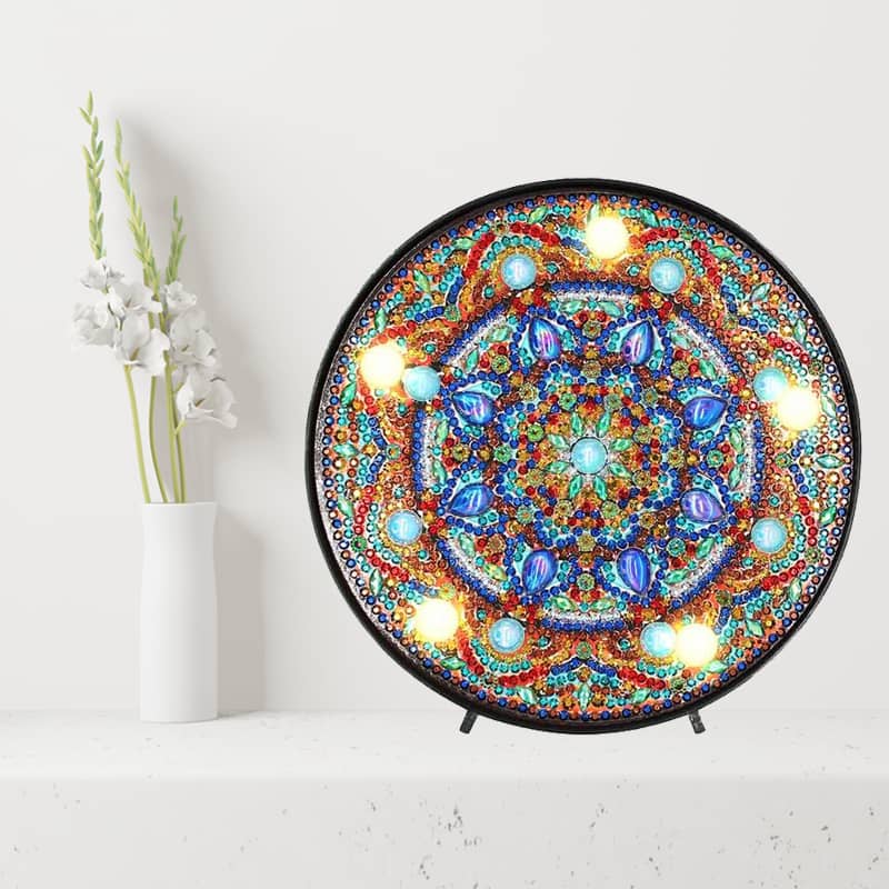 Diamond Painting - Runde LED Lampe, Mandala bunt - gedruckt in Ultra-HD - RundeLEDLampe