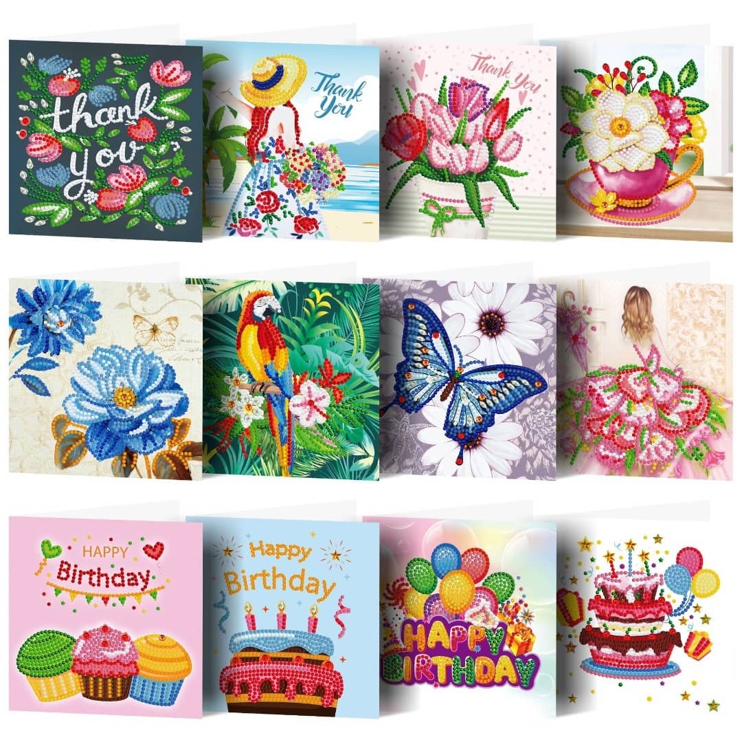 Diamond Painting Karten - 12 Stück Happy Birthday - gedruckt in Ultra-HD - karten