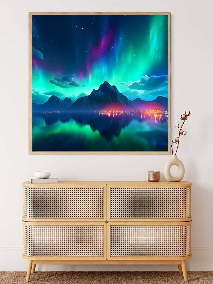 AB Diamond Painting - Polarlichter mit leuchtender Stadt - gedruckt in Ultra-HD - AB Diamond, Aurora Borialis, Neu eingetroffen, Polarlichter, Quadratisch