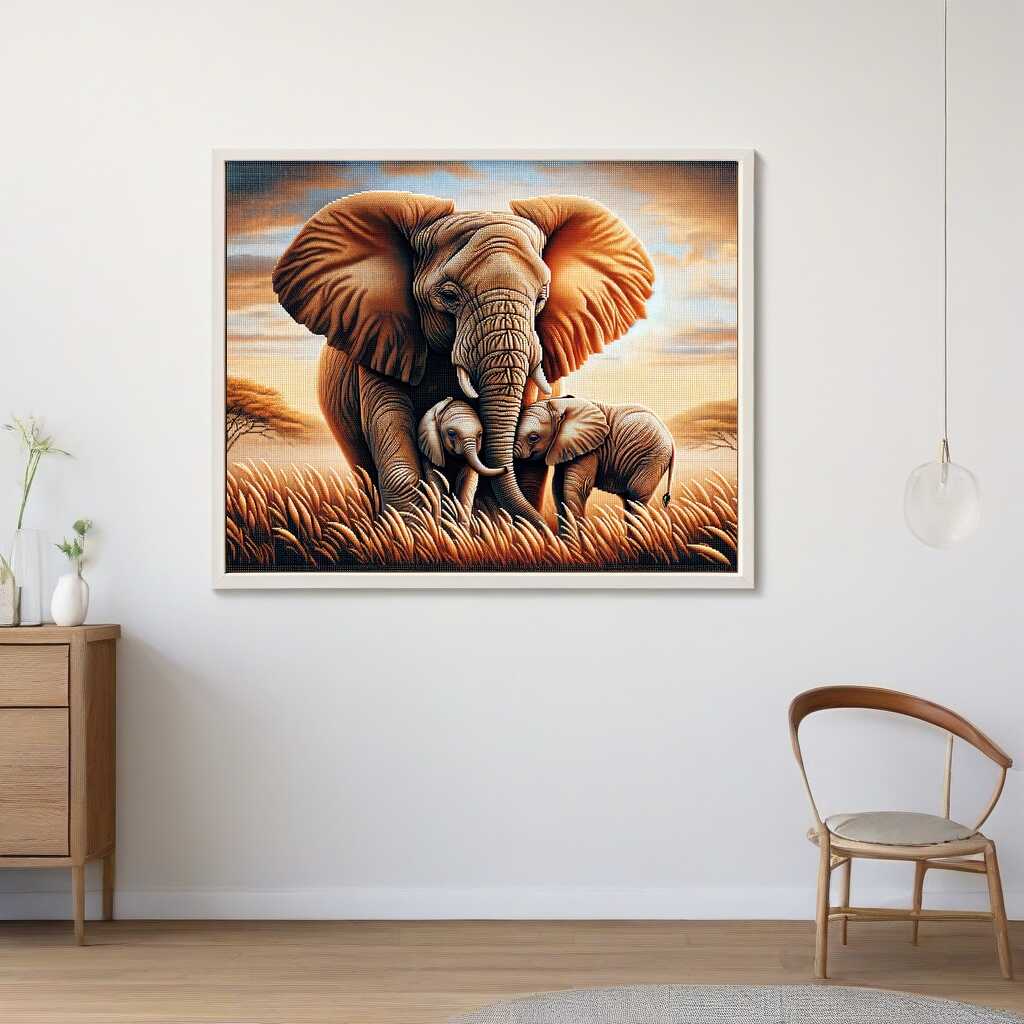 Diamond Painting - Elefant, Mutter mit Kindern
