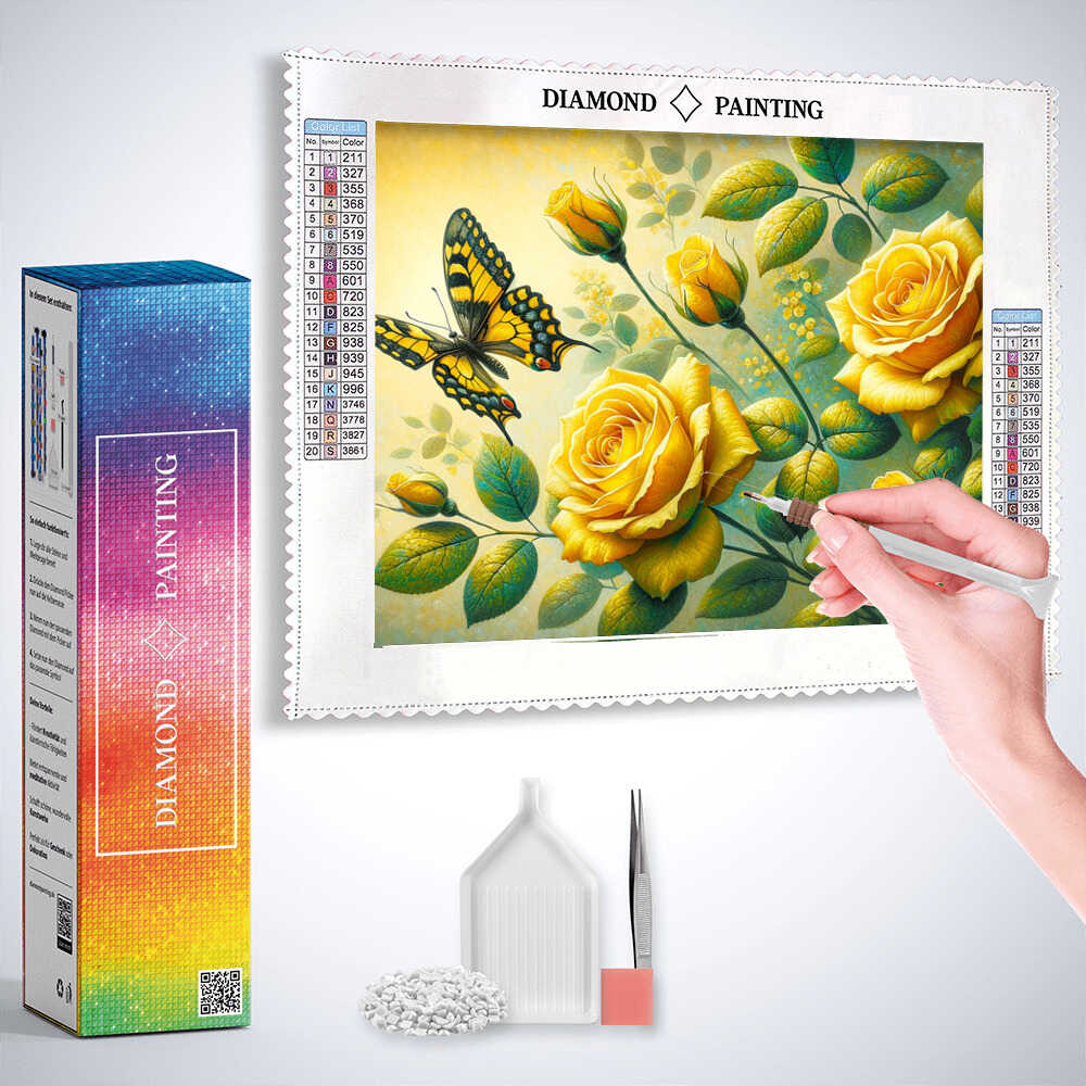 Diamond Painting - Zwei gelbe Rosen, Schmetterling