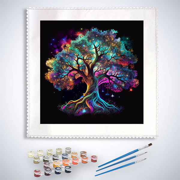 Malen nach Zahlen - Lebensbaum, Bunt - hochwertige Leinwand - Baum, Landschaft, Quadratisch, trendbilder