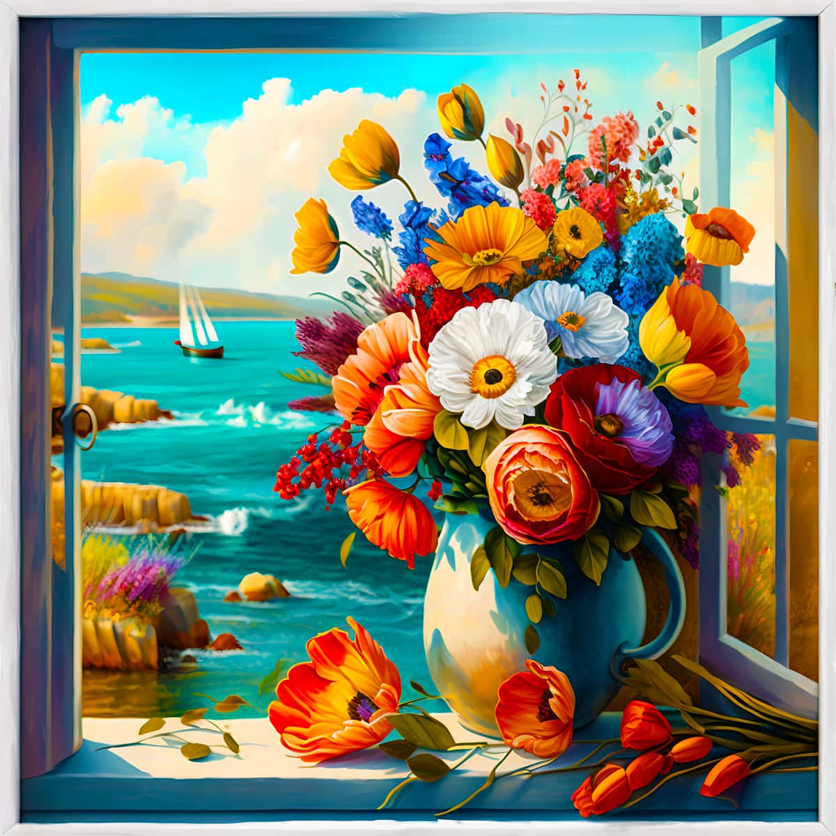 Malen nach Zahlen - Blumengesteck am Meer - hochwertige Leinwand - 170523, Blumen, Meer, Neu eingetroffen, Quadratisch