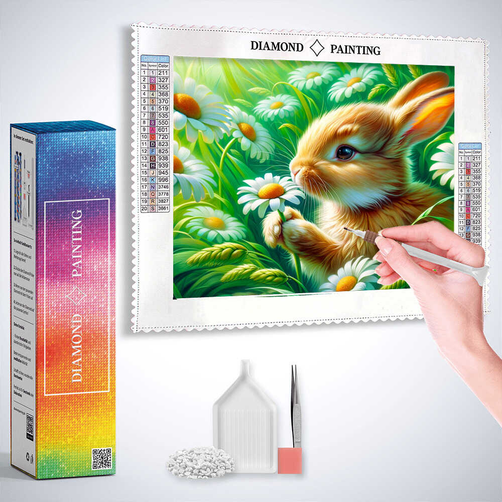 Diamond Painting - Hase hält Gänseblümchen