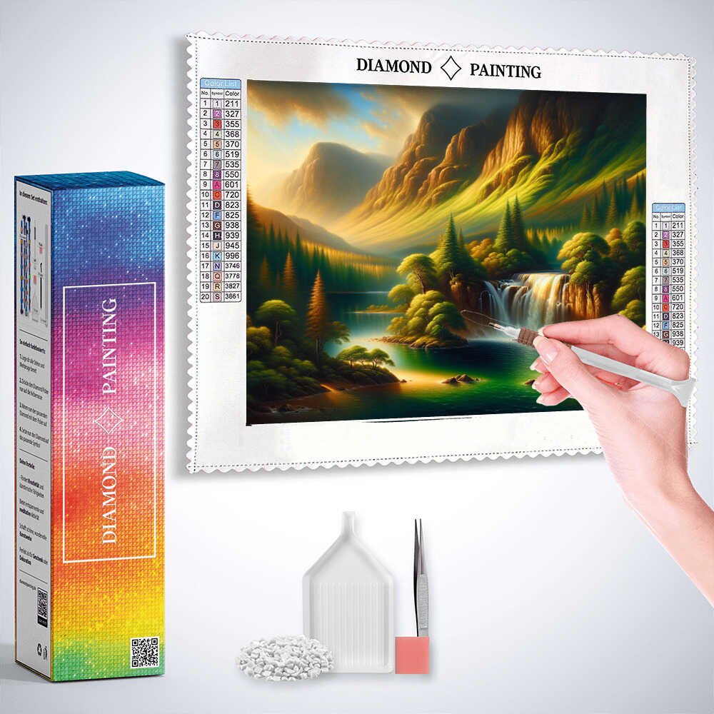 Diamond Painting - Berge und Wasserfall im Wald