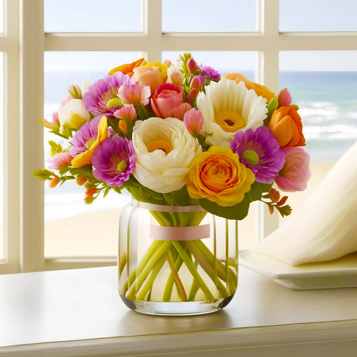 Diamond Painting - Blumengesteck am Strand - gedruckt in Ultra-HD - Blumen, Meer, Neu eingetroffen, Quadratisch, Strand