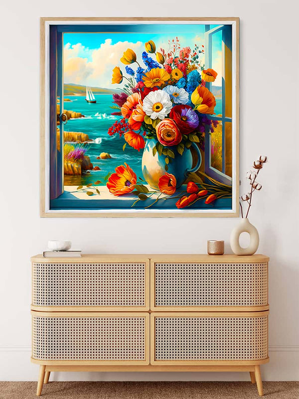 Malen nach Zahlen - Blumengesteck am Meer - hochwertige Leinwand - 170523, Blumen, Meer, Neu eingetroffen, Quadratisch