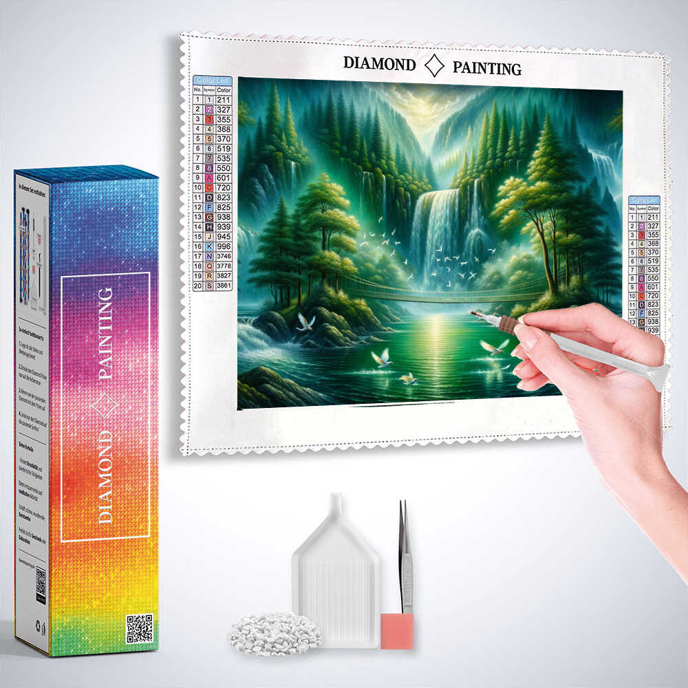 Diamond Painting - Hängebrücke, Wasserfall