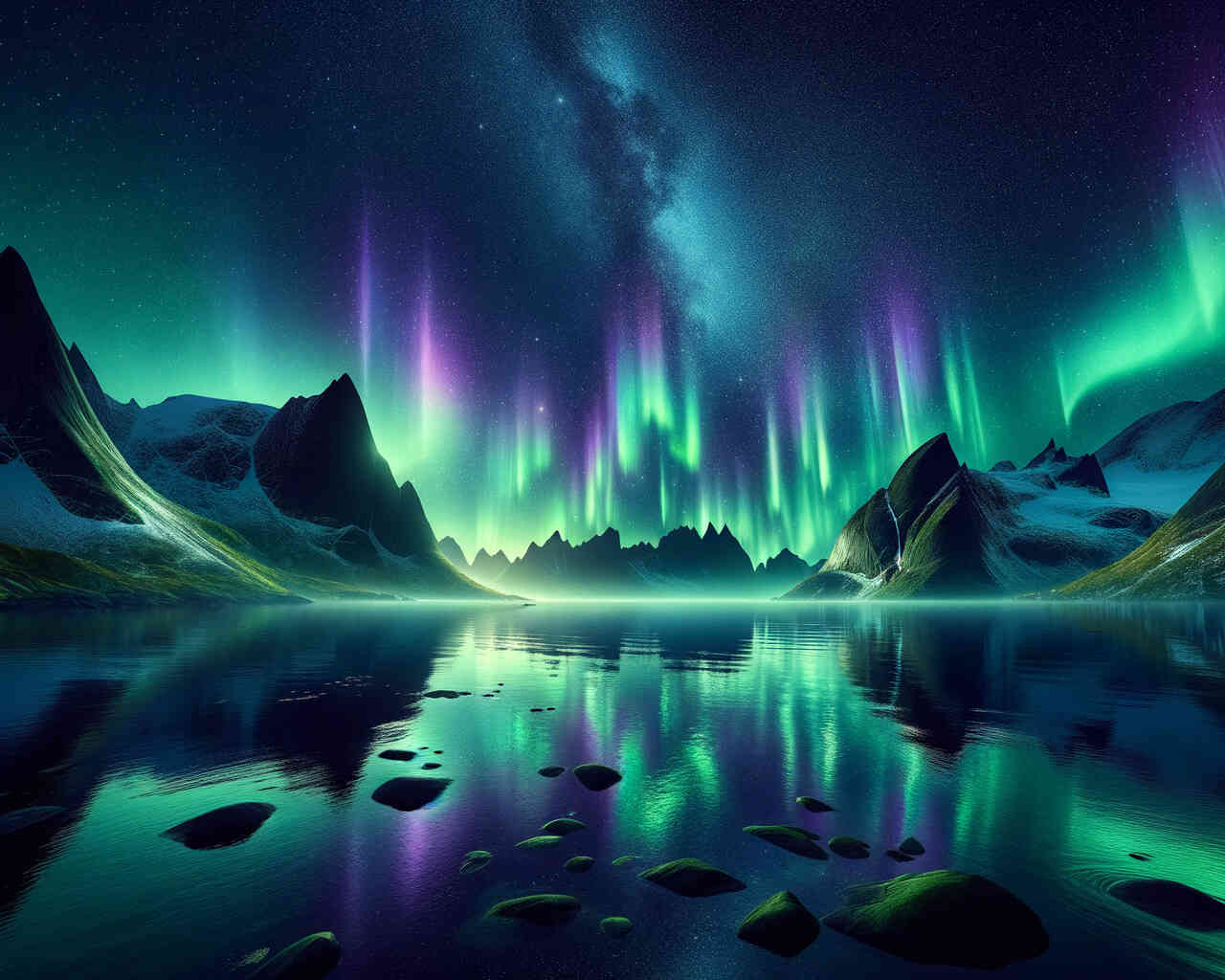 Diamond Painting - Polarlichter in Grün Seelandschaft