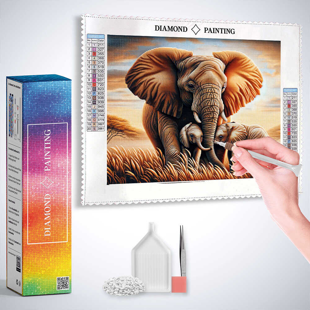 Diamond Painting - Elefant, Mutter mit Kindern